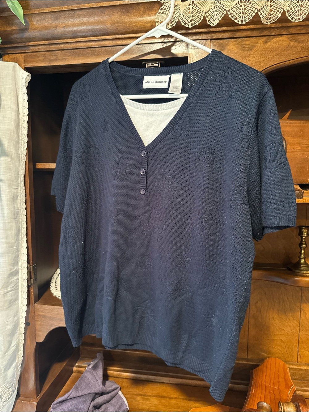 Alfred Dunner Navy and White V-Neck Knit Layered Look Top